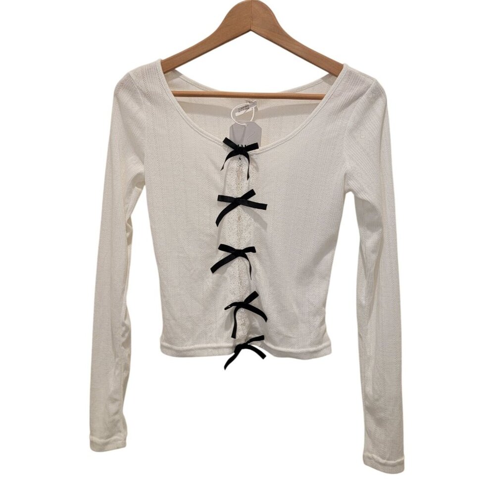 IAEY Fashion White Long Sleeve Top With Black Bow Knot Design Women's L